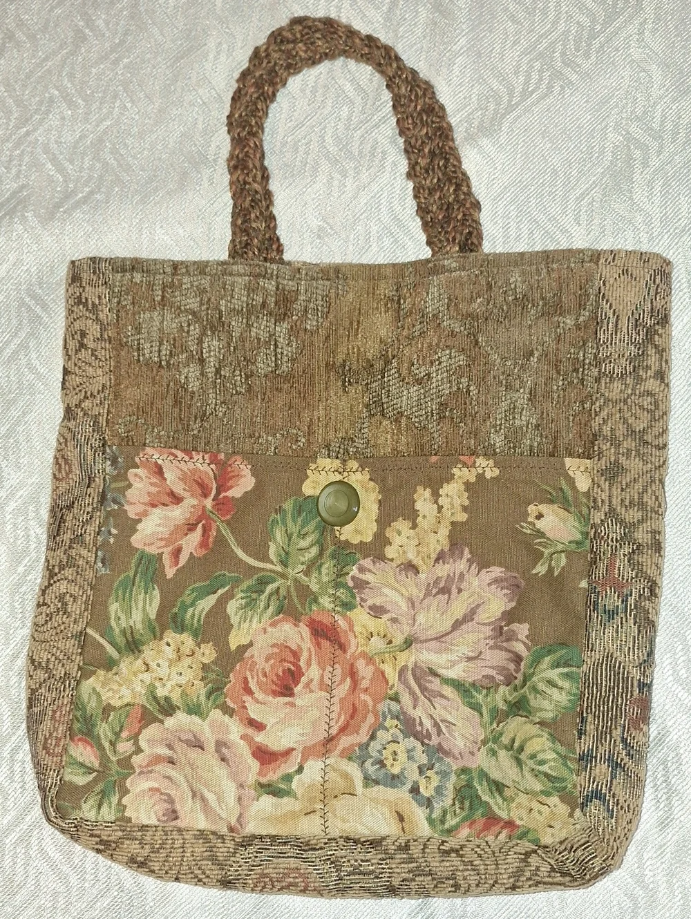 Floral Patchwork Tote Bag in Brown . HANDMADE, solf Feel , Like Sofa Material.